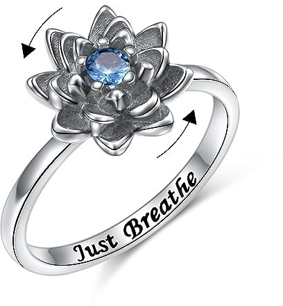 Flyow Just Breathe Lotus Spinner Ring für Damen 925 Sterling Silber Oxidation Blume Fidget Ringe für Angst Stress Relieving ADHD Autismus Ringe Yoga Geschenke Inspirational Band Ring 57 (18,1)