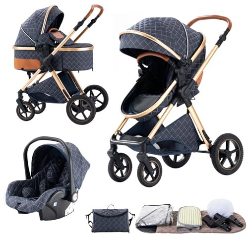 BEBBY 3-in-1 Kinderwagen KombiKinderwagen-Set 2-in-1 Buggy faltbar Luxus Hochlandschaft Neugeborenes Tragbarer Kinderwagen Zusammenklappbarer Kinderwagen Kinderwagen Travel System (Blue.)
