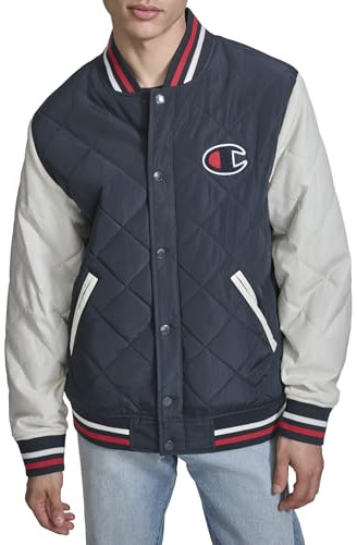 Champion Men's Retro Diamond Quilted Bomber Varsity Jacket, Navy/White, Medium