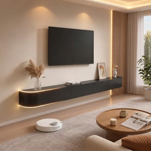 Btsunotr Schwebender TV-Schrank,Schwarz,220 * 20 * 24cm,Massivholz-TV-Board | mit LED，für Fernseher bis 90 Zoll, 2 Schubladen + 2 Klapptür, lowboard hängend