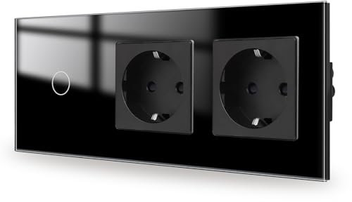 JIMEIDA Interruptor de luz táctil con 2 tomas de corriente, color negro, 1 vía, panel de cristal e interruptor de pared LED de estado, no requiere cable neutro, 157 x 86 mm