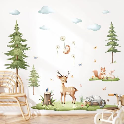 Supzone Stickers Muraux Enfant Forêt Enchantée - Autocollant Mural Jungle avec Cerfs/Écureuils - Déco Murale Amovible sans Trace pour Chambre Enfant/Salon - Stickers Animaux Ludiques