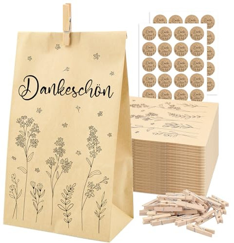 40 Geschenktüten Set Kraftpapiertüten 13 x 24 cm Dankeschön Geschenk mit 40 Holzklämmerchen + 40 Aufklebern zum Verpacken für Giveaways zu Hochzeit Geburtstag Taufe Konfirmation Kommunion Weihnachten