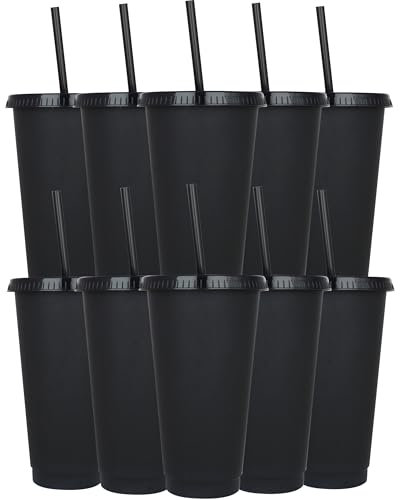Yisituo 24 oz Reusable Plastic Cups, 10 Pack Cold Cups with Lid and Straw, Tumblers Travel Mugs for Adults and Kids Party and Beach, Pool Gatherings (10, Solid Black)