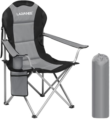 LARMNEE Campingstuhl Faltbar, Campingsessel, Angelstuhl, Campingstühle, Gartenstuhl für Camping, Klappstuhl Camping Garten Balkon Strand, Grau und Schwarz EBG01LC02N1