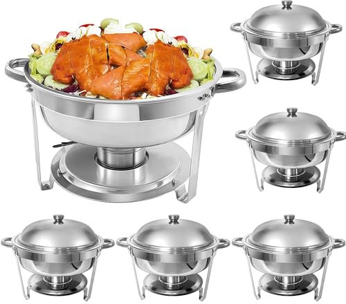 WUDLEP 6 Pack Chafing Dish Buffet Set, 4.7Qt Round Chafers for Catering with Bracket, Stainless Steel Water Basin, for Weddings, Picnics, Parties, banquets