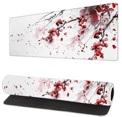 Gaming Mauspad Weiß XXL 600x300x3mm, Blume Mousepad groß Schreibtischunterlage, Mouse Pad mit Vernähte Kanten, WassXerdicht Anti-Rutsch Mousepad Desk Pad, Verbessert Präzision und Geschwindigkei J-4