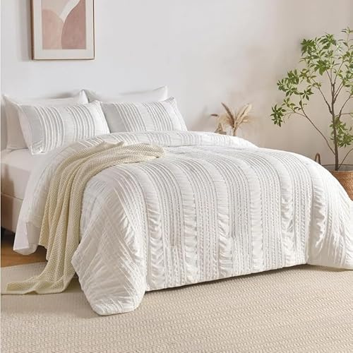 Luofanfei Boho Bettwäsche 155x220 Getuftet Weiß Uni Gestreift Muster Wendebettwäsche Set Microfaser Bohemian Stickerei Shabby Chic Bettbezug und Kissenbeüge 80x80 cm mit Reißverschluss