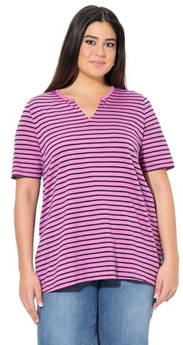 Ulla Popken Maglia dal Taglio Lungo e Svasato con Righe, Scollo a Girocollo e Mezze Maniche Rosa Freddo 42+ 837972807-42+