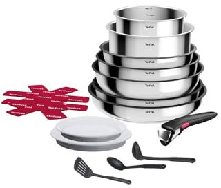 Tefal Ingenio Cook Eat, Batterie de Cuisine 15 Pièces, Inox, Compatible Tous Feux dont Induction