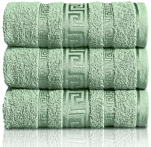 GC GAVENO CAVAILIA Greek Bath Sheet - Pack Of 3 100% Egyptian Cotton Towels Bath Sheets - Extra Large Soft Highly Absorbent Quick Dry Towel (90x150 cm) - 550 GSM Towels For Bathroom - Green