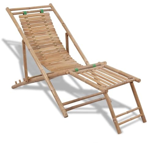 QUAHEAS Liegestuhl mit Fußteil, Bambus Relaxliege Gartenliege 4-Fach verstellbar, klappbar für Terrasse, Pool und Outdoor-Bereich, 152x59x80 cm
