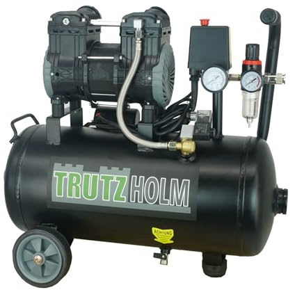 TRUTZHOLM Flüsterkompressor 24 L Silent Kompressor Brushless 900 W 8 bar | 57 dB LpA / 62 dB, ölfrei, 128 L/min, 2 Manometer, Druckminderer, Rollen und Handgriff, automatische Abschaltung