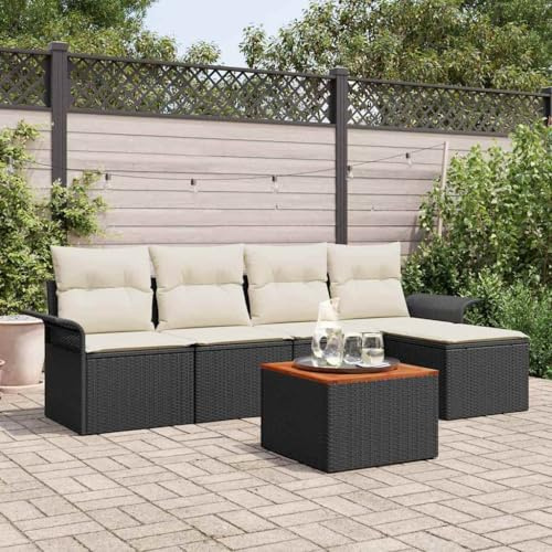 Tonture Garten-Sofa-Set 6-teilig Schwarz, Polyrattan, modular, für Außenbereich, Terrassenmöbel mit Stauraum, Couch und Hocker, modernes Design