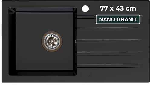 SINK QUALITY Küchenspüle mit Abtropffläche - Spülbecken schwarz 77x43 cm - inkl. Siphon und Imprägniermittel - Einbauspüle für 45er Unterschrank - Granitspüle schwarz