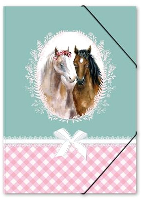 itenga Gummizugmappe DIN A4 PP – innen & außen bedruckt – Mädchen Motive (Einhorn, Pferd, Meerjungfrau, Schmetterling) – stabile Kunststoff Sammelmappe (PFERDE)