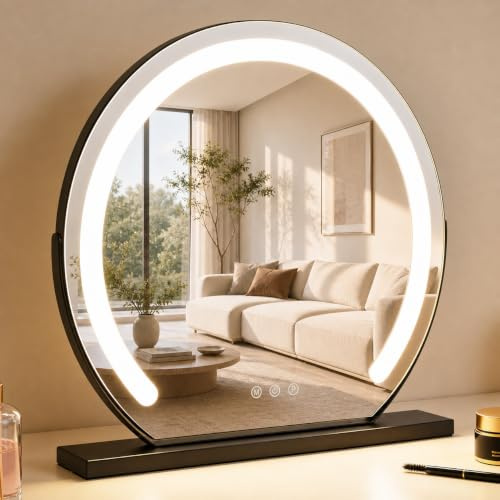 Mursche Rund Schminkspiegel mit Beleuchtung Hollywood Spiegel - 40×35CM LED Vanity Mirror Klein Kosmetikspiegel mit Licht Tischspiegel 3 Modi Schminktischspiegel Schwarz Touch Dimmbar