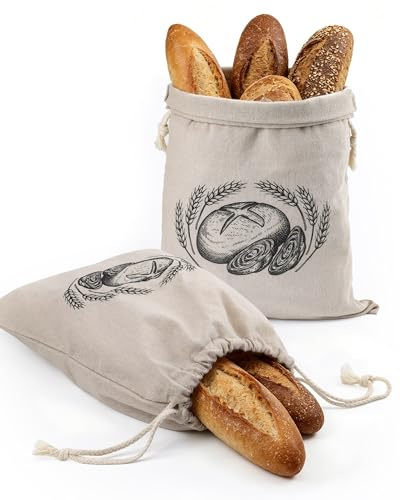 Huglux 2 Pack Linen Bread Bags,Reusable Drawstring Food Storage Bags | 40x30cm Linen Bread Bags for Homemade Bread, Natural Linen Food Storage Bag to Keep Bakery Fresh