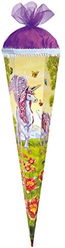 Schultüte - Einhorn - Pegasus/Pferd Unicorn - 50 cm - rund - mit Tüllabschluß - Zuckertüte - mit/ohne Holzspitze - Roth - Mädchen - Pferde Blumen Schm..