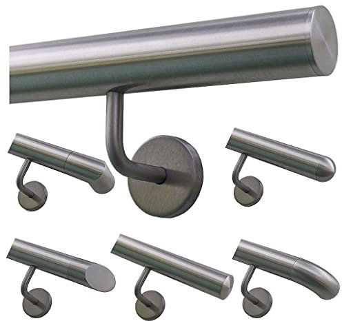 TIBU Handlauf Geländer Edelstahl Ø 42,4 mm - Länge 170 cm - Ende gerade Kappe und gewinkelte Halter - Rostfrei für Außen und Innen