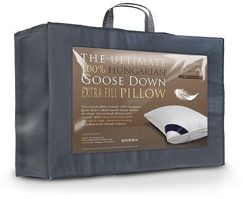 Littens Extra Filled Luxury Ultimate Collection 100% Pure Hungarian Goose Down Pillow 300TC 100% Cotton Jacquard Casing, Down Proof, Gold Piping
