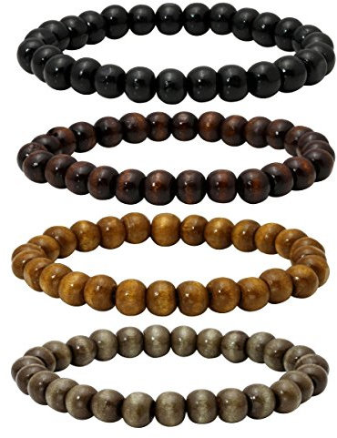 Eigso Holzperlen Armband Herren Damen 10mm 4 Stück 4 Farben für Gebeten Meditation elastisch