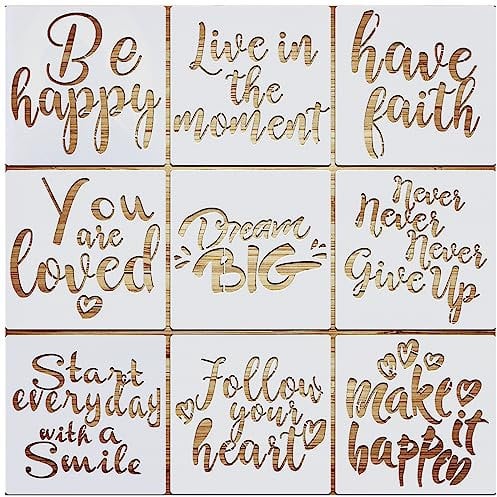 VETPW 9 Stück Inspirierende Worte Stencil Schablonen Zeichnen Set, Kunststoff Wiederzuverwendend Zeichenschablonen Vorlagen Planer Schablonen für Fußböden, Fenster, Möbel, Holz, Wanddeko, 20x20CM
