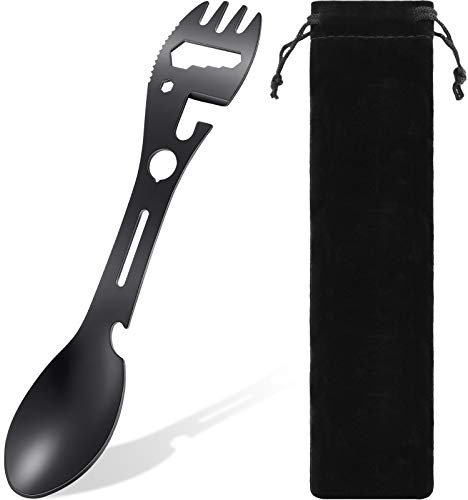 Utility Camping Spork Functional Stainless Outdoor Steel Spork All in one Spoon, Fork, Knife, Can Opener for Scouts Camping Travel Eating Tool Easy to Store Cloth Case (Black)