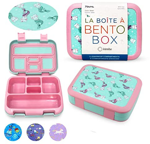 Bento-Lunchbox für Kinder, Kleinkinder, 5 Abschnitte zur Portionskontrolle, BPA-frei, herausnehmbares Kunststoff-Tablett, Vorschule, Kid, Snack-Behälter, Alter 3 bis 7 Jahre (Aqua Cat Mermaid)