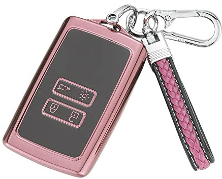 TPU Cover Shell for Renault 4 Buttons Car Key Fob,Keyless Smart Card Case Holder Fit to Clio/Megane/Kadjar/Captur/Dacia Duster,with Keychain - Pink