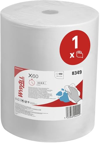 WypAll X60 Reinigungstücher 8349, weiß, Putzpapierrolle, 1x650 Tücher | Papierrolle Werkstatt, wiederverwendbare saugfähige Tücher, für mittelschwere Aufgaben, Großrolle, 1 Rolle x 650 Tücher