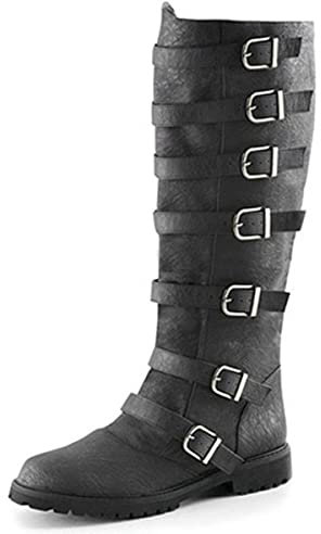 Mooke Mittelalterliche Lederstiefel Mit 7 Schnalle, Herren Steampunk Stiefel Knielang Schnürschuhe SCA LARP Reitkostüm Stiefel Für Cosplay,Schwarz,43
