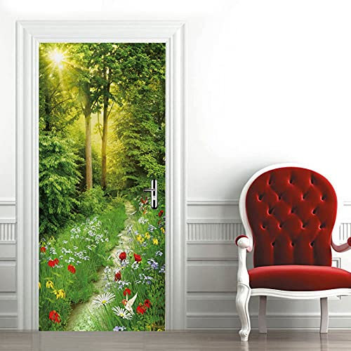 A.Monamour Türtapete Selbstklebend Türfolie Türposter 3D Grüne Bäume Wiese Blumen Garten Blick Vinyl Folie Türdeko Tapete Wandbild Türaufkleber Türtattoo 85 x 200 cm