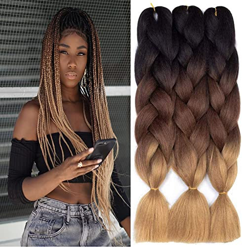 FanYu 3packs Ombre Braiding Hair Extensions Kanekalon Jumbo Braiding Hair Extensions 24 Zoll Braiding Hair Synthetic Hair For Crochet Twist (Schwarz-Dunkelbraun-Hellbraun)