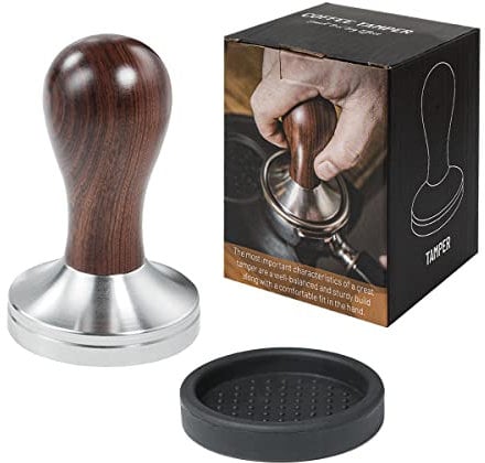 USEAMIE Kaffeestampfer Espressopresse mit Tampermatte, 304 Edelstahl, flacher Boden, Holzgriff für Kaffeesatz, Barista, Espressomaschinen, Zubehör (53 mm)