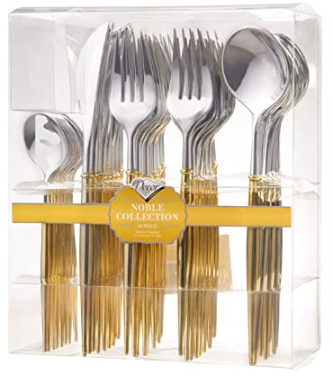 Decor Decorline - Ensemble de couverts réutilisables en plastique robuste - 40 pièces - Avec 16 fourchettes, 8 couteaux, 8 cuillères et 8 cuillères à dessert - Noble - Haut: Argent - Poigné: Or