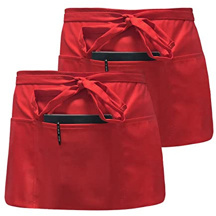 Catime 2 Pack Taillen Schürze, Vorbinder Schürze Wasserdicht, Schürze kurz staubdicht, Halbe Schürze mit 3 Taschen, Schürze Kochen für Damen & Herren, Chef, Bäcker, Servers, Kellner, Handwerker (Rot)