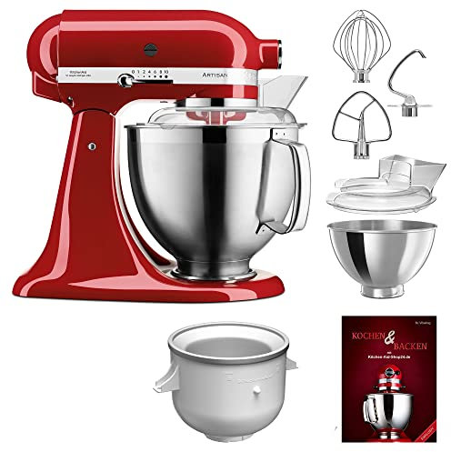 KitchenAid Küchenmaschine Artisan - P26 Starter Set 185er (Eismaker) - 5KSM185PSEKG inkl. Eismaker (5KICA0WH) und Kochbuch (Kochen & Backen) (empire rot)