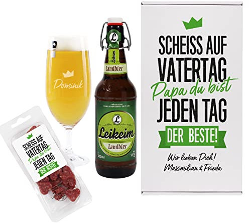 Herz & Heim® Herzhaftes Geschenkset zum Vatertag mit witzigen Spruch, 4-teilig, mit Wunschname und -text