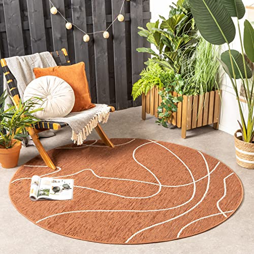 FRAAI In- & Outdoor Teppich Rund - Porto Lines Terracotta Ø 120cm - Wetterfest - Polypropylen, Polyester - Flachgewebe - Wohnzimmer, Esszimmer, Balkon, Garten/Terrasse - Terrasse - Rug