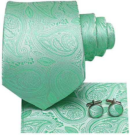 Hi-Tie Herren Krawatte Schwarz Paisley/Plaid/Streifen/Einfarbig Krawatten Set Einstecktuch Manschettenknöpfe Business Formal Hochzeit Meeting Geschenkbox,minzgrün