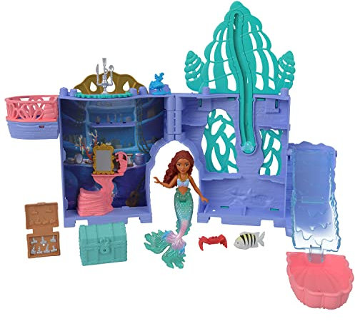Mattel DISNEY Storytime Stackers - Spielset Arielles Grotte mit stapelbarem Puppenhaus, kleiner Meerjungfrauenpuppe, 10 Zubehörteilen und Tragegriff für unterwegs, für Kinder ab 3 Jahren, HPL54