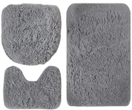 3-teiliges Badezimmer Set | Badezimmermatte,U-förmige Konturmatte,Dehnbarer Design Toilettensitz 3er-Set | Badvorleger Toilettenmatte Badezimmerteppich-Set | Superweich,Waschbar (Grau, Einheitsgröße)