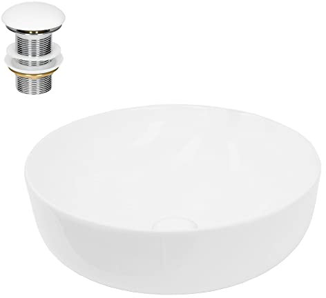 ECD Germany Lavabo Cerámico Blanco Redondo Ø 400 x 135 mm para Baño con Juego de Desagüe con Rebosadero Agujero de Conexión Estandar Lavamanos sobre Encimera Diseño Moderno Fregadero Pila con Drenaje