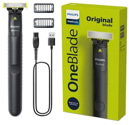Philips OneBlade QP1424/10 Trimmen, Kanten und Rasieren, 2 x Click-on Stoppelkämme (1, 3 mm), wiederaufladbar, Nass- und Trockenanwendung