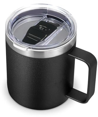 Volhoply 14oz Insulated Stainless Steel Coffee Mug with Leakproof Lid,Double Wall Vacuum Travel Coffee Cup with Handle,Reusable Metal Tumbler,Camping Mugs Keep Hot/Cold,Christmas Gifts(Black,1