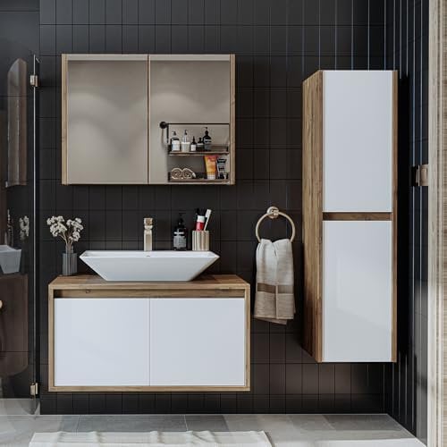 ROOMART, Badezimmer Möbel Set, Atlantic, 4 Teilig, 85 cm Unterschrank mit Keramikwaschbecken, Spiegelschrank, Hochscrank (Weiß - Eiche)