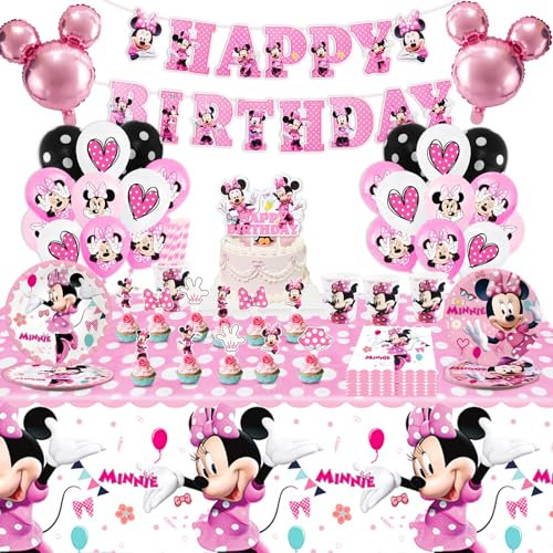 Chukua Minnie Deko Pappteller Kindergeburtstag-131PCS Minnie Mouse Geburtstag Geschirr Party Deko Rosa Partygeschirr Set Mickey Mouse Servietten Tischdecke Luftballon Banner Tortendeko Geburtstagsdeko