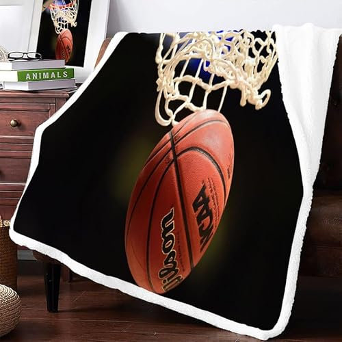 Basketball Sherpa Decke 130x150cm Kuscheldecke Flauschig Fleecedecke Schwarz Klein Winter Dicke Warm Kunstfelldecke für Kinder Knie Sofa Wohnzimmer