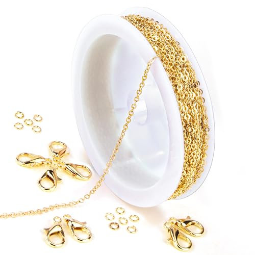 Niboken Schmuckherstellung Kette 5 Meter 2mm Edelstahl Überzogene Halskette Kabel Gliederkette Metallkette DIY Chain mit 30 Sprung Ringe und 10 Karabinerverschlüsse für Schmuck Zubehör (Gold)